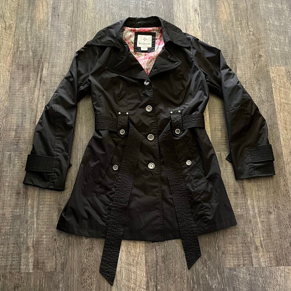 Weather Tamer Women's M Black Belted Trench Coat Floral Lining Full Length